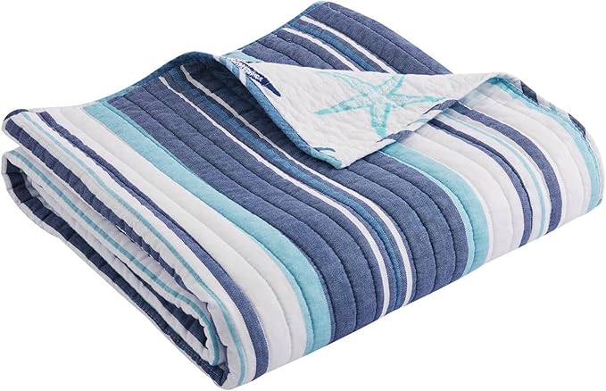 Levtex Home - Camps Bay Quilted Throw - Striped Coastal Pattern in Light Blue and Navy - 50 x 60in. Reversible Cotton Throw Blanket