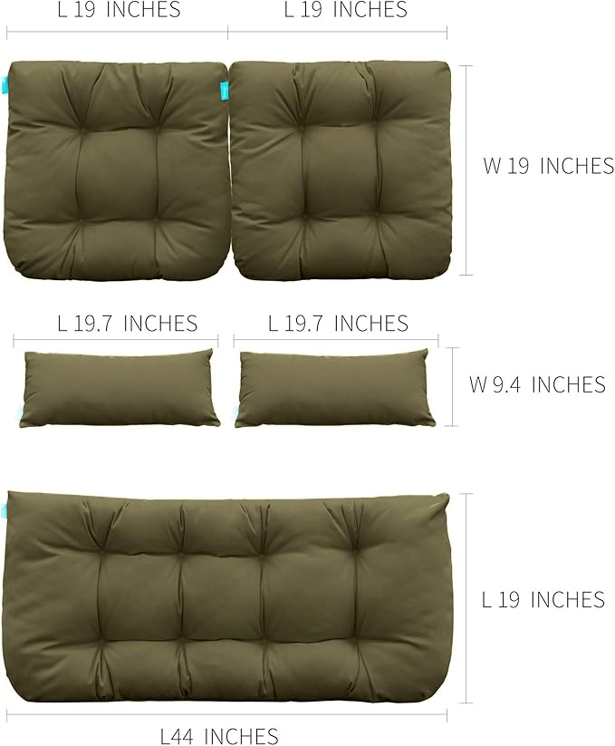 QILLOWAY Outdoor Patio Wicker Seat Cushions Group Loveseat/Two U-Shape/Two Lumbar Pillows for Patio Furniture,Wicker Loveseat,Bench,Porch,All Weather, Settee of 5 (SAGE/Army Green)
