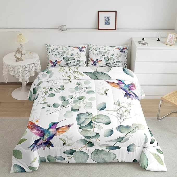 Erosebridal Cartoon Hummingbird Bedding Twin Toddler Wildlife Bird Comforter Set Twin, Plant Duvet Insert Eucalyptus Leaf Quilt Comforter, Jungle Animal Theme Bedding Comforters & Sets Kids Room Decor