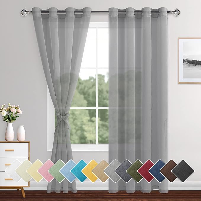 XWZO Grey Sheer Curtains 90 Inches Long for Bedroom, Faux Linen Light Filtering Voile Textured Grommet Window Curtains for Living Room/Office/Kids Room with Tiebacks, W52 x L90, Set of 2 Panels,Adult