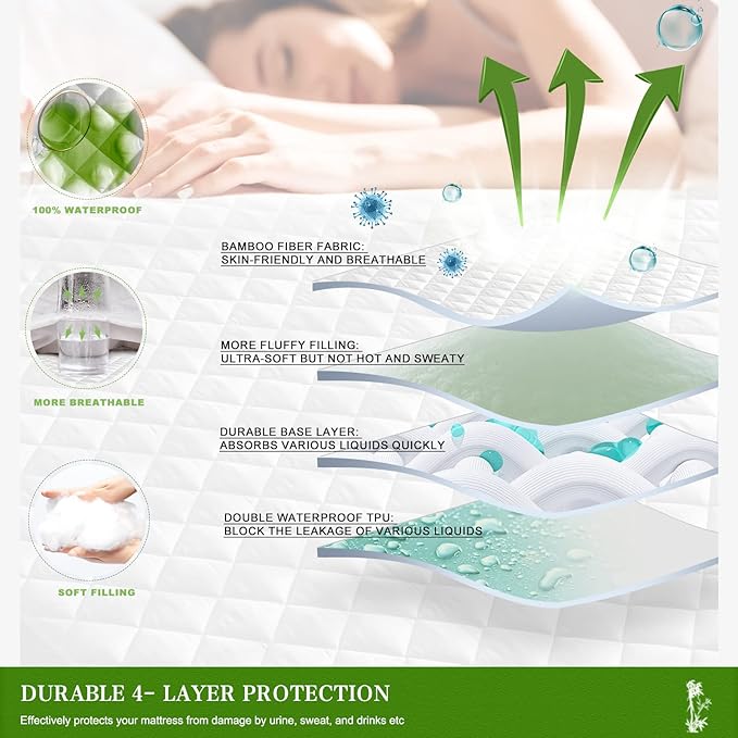 UNILIBRA Full Mattress Pad Waterproof Rayon Made from Bamboo, Fitted Deep Pocket Mattress Cover fits 6''-19'', Breathable Quilted Mattress Protector, White