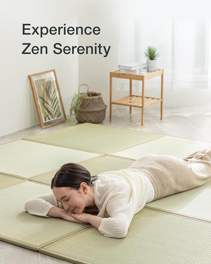FULI Japanese Square Tatami Rug, Lightweight Igusa Mat (Japanese Rush Grass), Made in Japan (Natural, 9 Pieces)