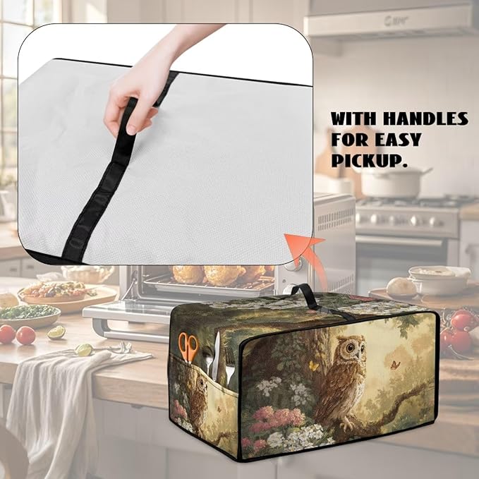 Owl Floral Tree Butterfly Print Microwave Oven Dust Cover Heavy Duty Microwave Oven Cover with Storage Pockets Foldable Dust-Proof Decor Accessories for Kitchen, M