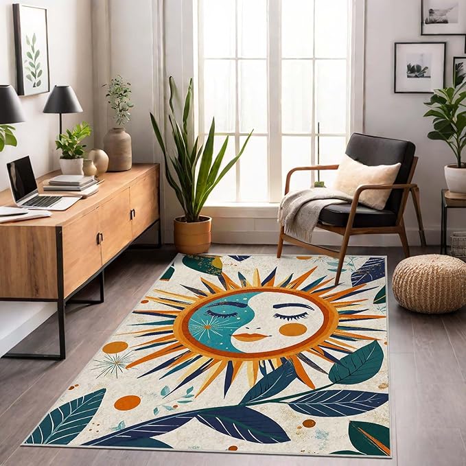 5x7 Sun and Moon Area Rug Leaf Orange Yellow Blue Beige Rug Non Slip Low Pile Large Carpet for Home Kitchen Living Room Bedroom Dining Room Office