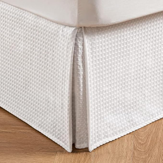 MIYE Pleated Waffle Weave Bed Skirt, Tailored Dust Ruffle 22 Inch Drop Easy Fit, Machine Washable (White, Twin - 22" Drop)