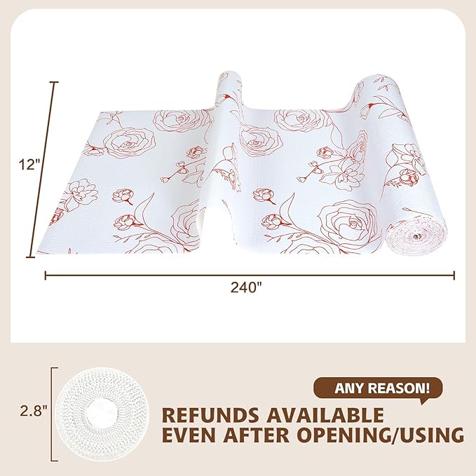 Shelf Liners for Kitchen Cabinets 17in x 20FT Non Adhesive Drawer Liner Red and White Floral Thickened Shelf Liner Paper Strong Non-Slip Easy to Clean for Tool Box with Knife and Tape Measure