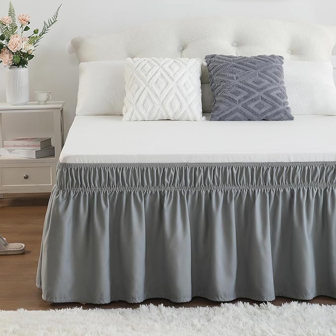 RIMELA Grey Bed Skirt Full Size 18 Inch Drop, Elastic Bed Skirting for Bed Base and Frame, Bedding Dust Ruffle Easy to Install, Lightweight Wrap Around Adjustable Bedskirt