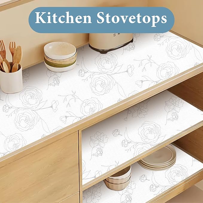 Shelf Liners for Kitchen Cabinets 17in x 20FT Non Adhesive Drawer Liner Sliver Floral Thickened Shelf Liner Paper Strong Non-Slip Easy to Clean for Tool Box Refrigerator with Knife and Tape Measure