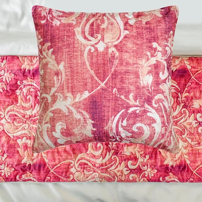 The HomeCentric King/Queen/Twin Pink Decorative Queen 74"x18" Bed Runner with Two Pillow Cover, Damask, Quilted Bed Scarf on Velvet Fabric - Pink Dalliance