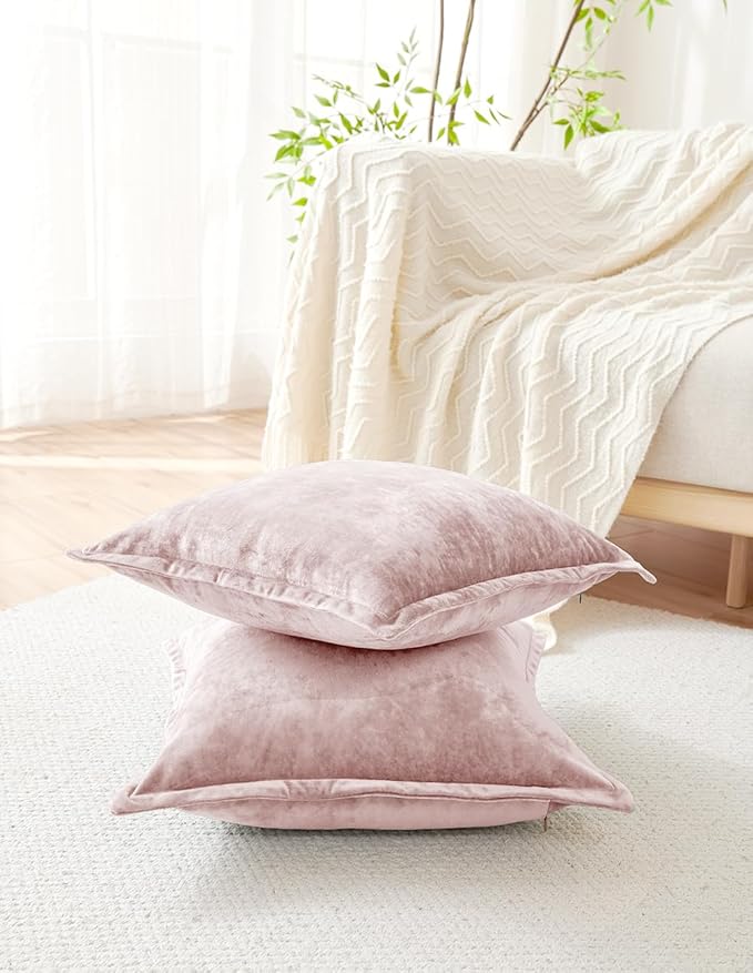 Luxurious Velvet Euro Shams Decorative Throw Pillow Covers 26x26 Set of 2 Solid Square Euro Pillow Shams for Sofa Couch Bedroom, Pink