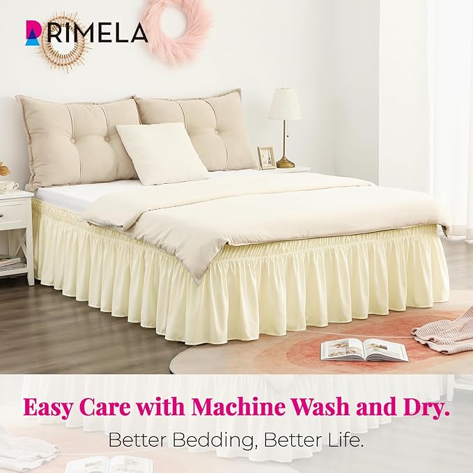 RIMELA Butter Yellow Bed Skirt Queen Size 15 Inch Drop, Elastic Bed Skirting for Bed Base and Frame, Bedding Dust Ruffle Easy to Install, Lightweight Comforter Set with Wrap Around Adjustable Bedskirt