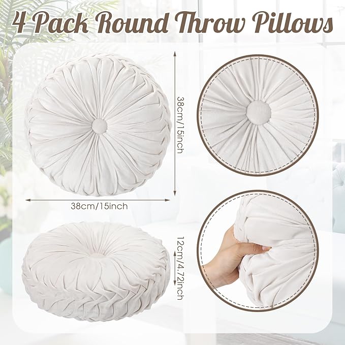 4 Pcs Round Throw Pillows 15 Inch Decorative Velvet Pleated Pumpkin Floor Boho Pillows for Living Room Couch Chair Bed Sofa (White)