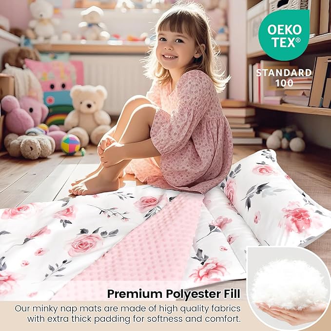 david's kids Toddler Nap Mat with Pillow and Minky Fleece Blanket, Ultra Soft Slumber Bags for Girls, Perfect for Preschool, Daycare, Kids Sleeping Bags with Rollup Design, 50"x20", Floral Flowers