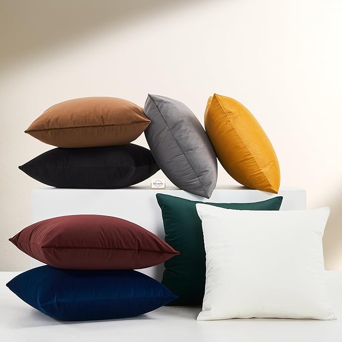 Solid Color Velvet Throw Pillow with Insert Included (Brown, 18"x18"), Decorative Pillow for Sofa, Couch, Bed, Chair Cushion