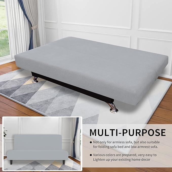 Easy-Going Stretch Futon Slipcover Armless Futon Bed Cover Furniture Protector Without Armrests with Elastic Bottom for Kids, Soft Jacquard Fabric Small Checks (Large, Silver Gray)