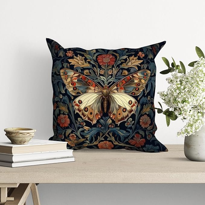 William Morris Abstract Vintage Floral Velvet Butterfly Design Throw Pillow Covers Home Decor, Retro Art Deco Pillowcase Cushion Cover for Bed Sofa Living Room, Square 18x18inch (Blue-Butterfly)
