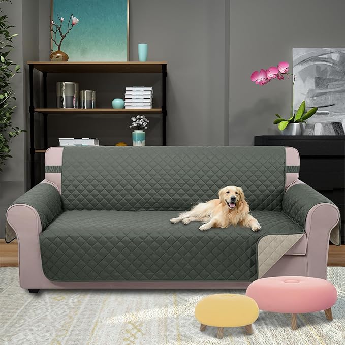 U-NICE HOME Reversible Sofa Cover Couch Cover for Dogs with Elastic Straps Water Resistant Furniture Protector for Pets Couch Cover for 3 Cushion Couch (Sofa, Grey/Beige)