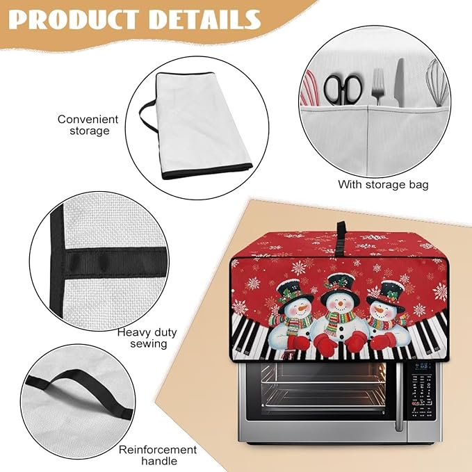 Christmas Air Fryer Toaster Oven Cover with Side Pockets, Holiday Festival Decor Electrical Appliance Cover Kitchen Countertop Accessories and Decor, S, Snowman Piano Keys Snowflake Red