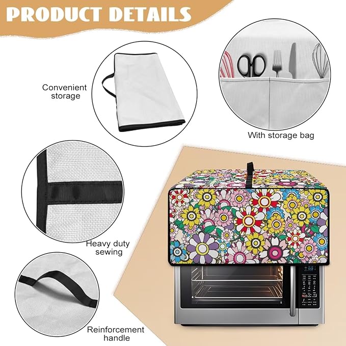 Convection Toaster Oven Dustproof Cover Countertop Air Fryer Toaster Oven Cover with Pockets, Small Appliances Protector, M, 16.5 x 20.5 x 10 Inch, Groovy Hippie Flower