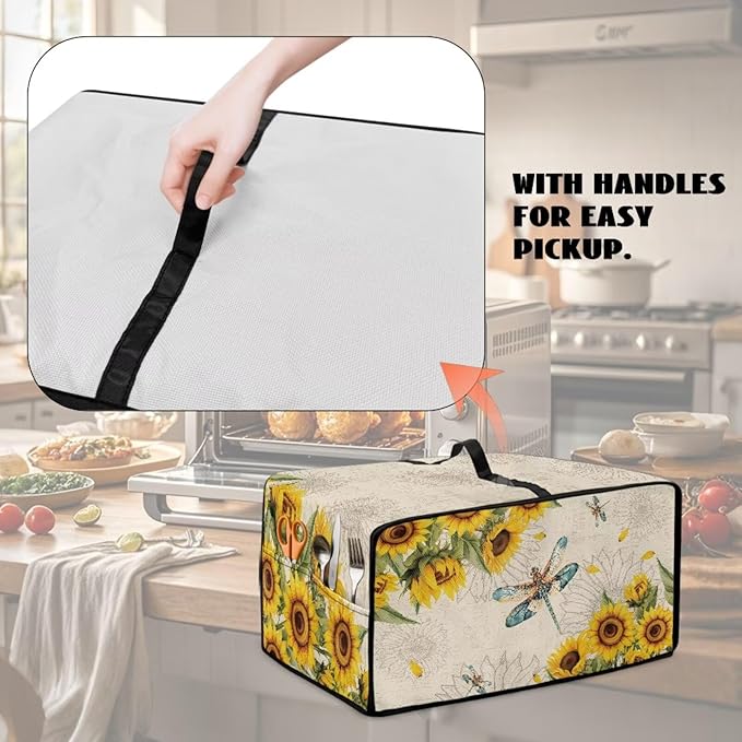Dragonfly Sunflower Print Microwave Oven Cover Dust-Proof Microwave Toaster Oven Cover with Storage Bags Universal Washable Decor Accessories for Kitchen, L