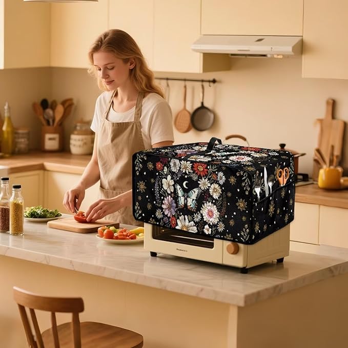 Convection Oven Cover with Pockets, Dust-Proof Protective Smart Oven Cover Small Appliances Protector Kitchen Decor, S, 14.5 x 18.5 x 9 Inches, Butterfly Daisy Moon Black
