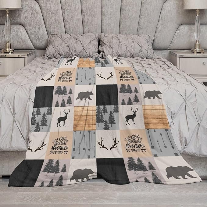 Rustic Cabin Throw Blanket, Retro Camping Bear Deer Farmhouse Wildlife Tree Forest Brown Gray Print Warm Flannel Blanket for Bedroom Camping Travel, 50"x60"