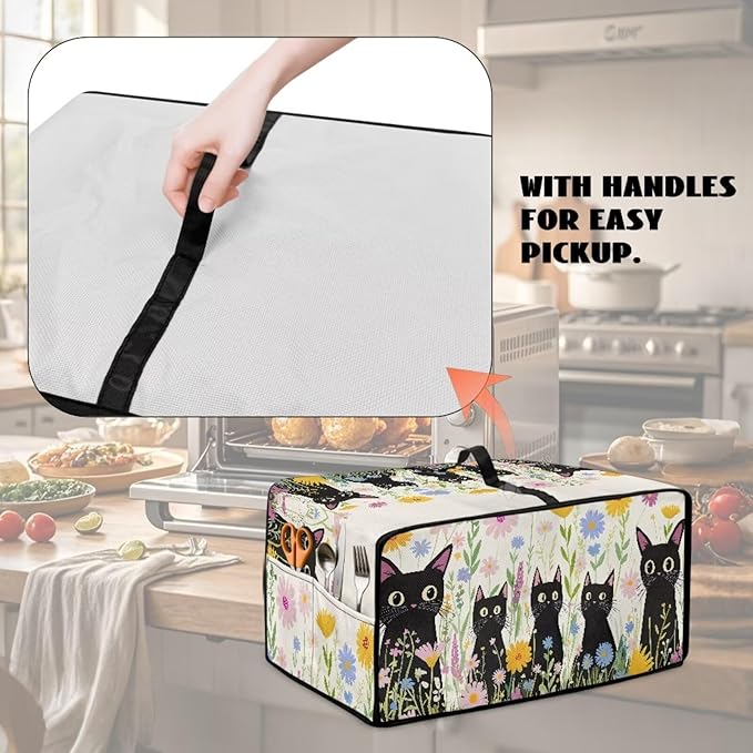 Countertop Microwave Oven Cover with Side Pockets, Dust Protection Small Appliance Toaster Ovens Dust Cover, S, 14.5 x 18.5 x 9 Inches, Cartoon Black Cat Daisy Flower