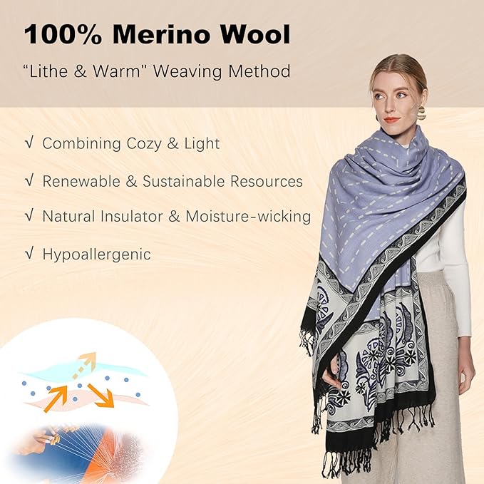 DANA XU 100% Merino Wool Pashmina Shawl for Women 96"x43", Oversized Cashmere Wrap with Tassels, Floral Travel Blanket Cape