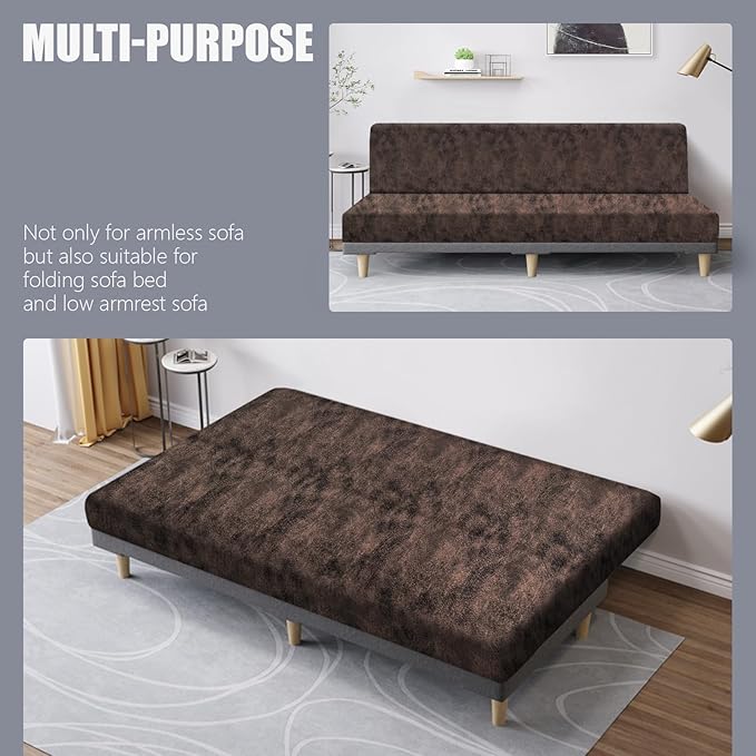 molasofa Leather Like Stretch Futon Slipcover Armless Futon Bed Sofa Cover Furniture Protector with Elastic Bottom, Soft and Washable Futon Cover for Sofa Bed Stay in Place（X Larger，Beige）