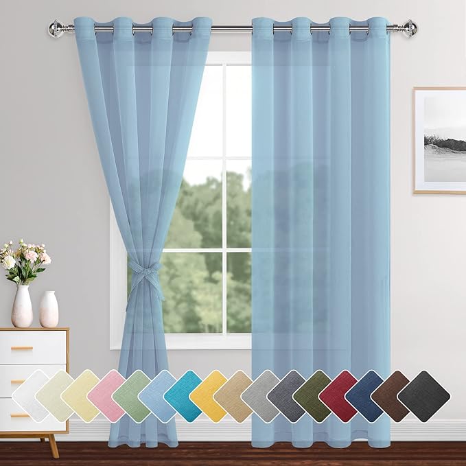 XWZO Sheer Curtains 84 Inches Long for Bedroom, Light Filtering Faux Linen Grommet Window Curtains for Living Room, Kids Room, Study with Tiebacks, Baby Blue, W52 x L90, Set of 2 Panels