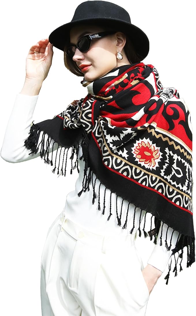 DANA XU 100% Merino Wool Extra Large Pashmina Blanket Travel Scarf Cashmere Wrap for Women Fall Winter Oversize Shawl Floral