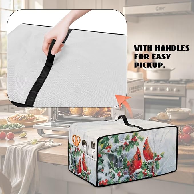 Christmas Microwave Oven Cover Air Fryer Toaster Oven Dust Cover with Accessory Pockets, Stain-resistant Small Electric Appliance Protector for Kitchen, M, Red Cardinal Bird Holly White
