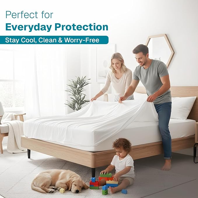 FABDREAMS Organic Waterproof Mattress Protector Full Size | Mattress Cover | Mattress Encasement | Fits up to 17" Deep Pocket | Temperature Regulating | Breathable | White
