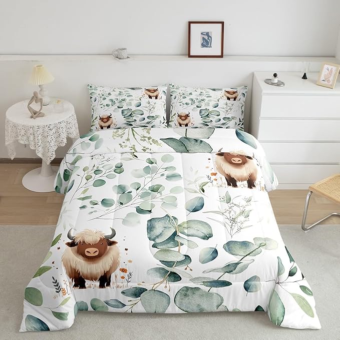 Erosebridal Boys Cartoon Animal Full Comforter Set for Kids Toddler Kawaii Cow Bedding Set Full, Highland Cattle Bull Bedding Comforter Sets Western Cowboy Duvet Set Green Eucalyptus Quilted Comforter