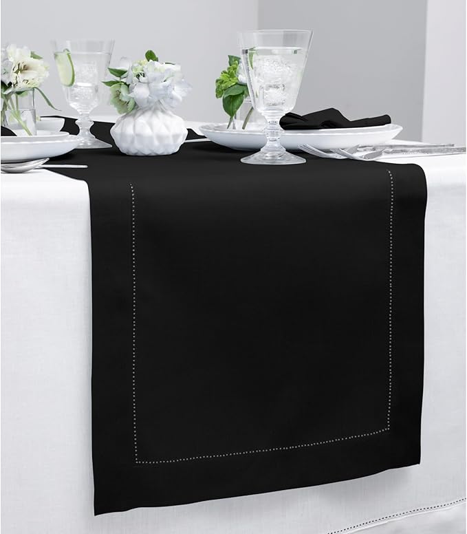Solino Home Linen Black Table Runner 72 Inches Long - 100% Pure Linen Hemstitch Table Runner 14 x 72 Inch for Dresser, Dining, Holiday, Christmas - Classic Hemstitch