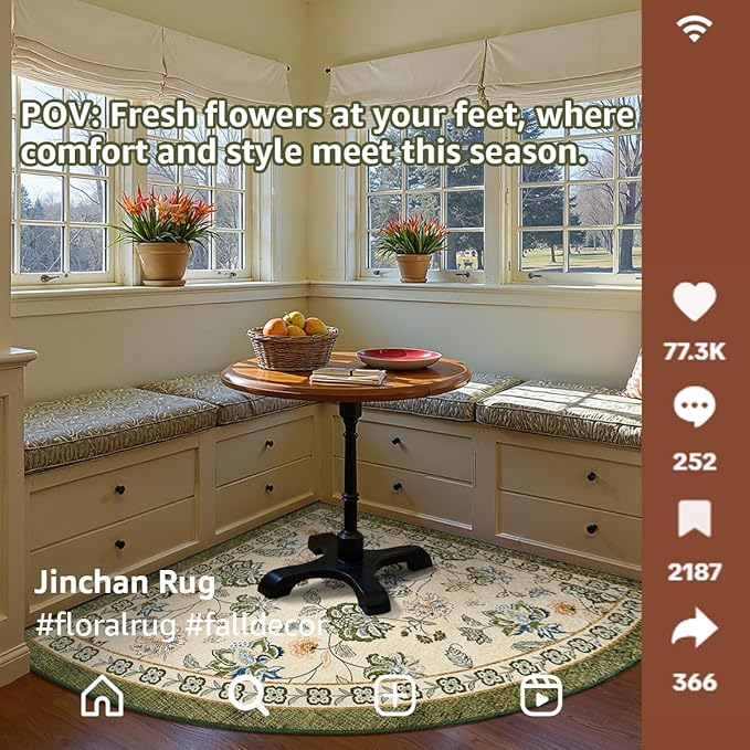 jinchan Elora Floral Corner Rug for Living Room Washable Bedroom Rug Vintage Romance Christmas Design Non Slip Quarter Circle Lightweight Low-Pile Throw Carpet for Reading Nook 6ft Radius Green/Beige