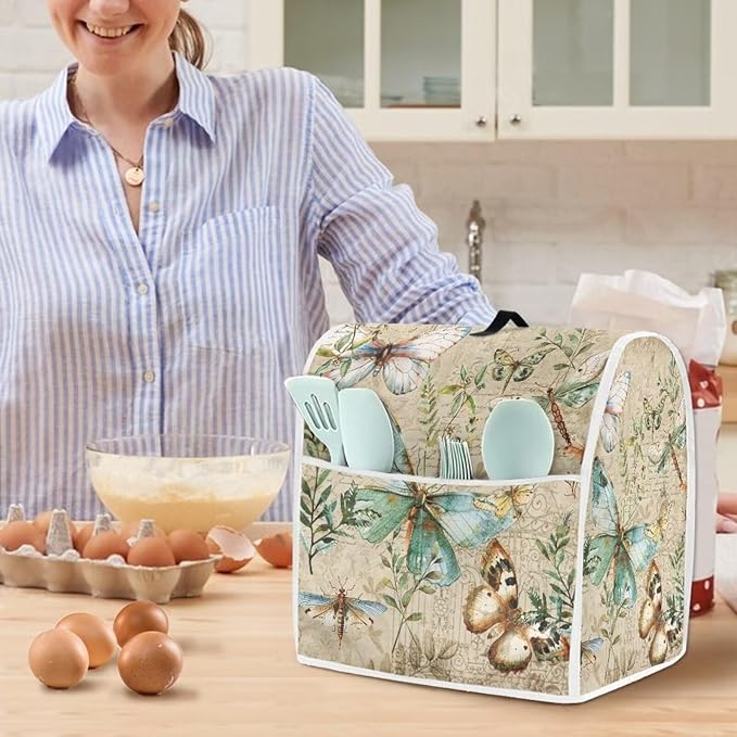 Butterfly Mixer Covers for Stand Mixers 6-8 Quart Vintage Stand Mixer Cover for Small Kitchen Appliance Food Processor Cover with Top Handle and Accessories Pocket Farmhouse Home Decor