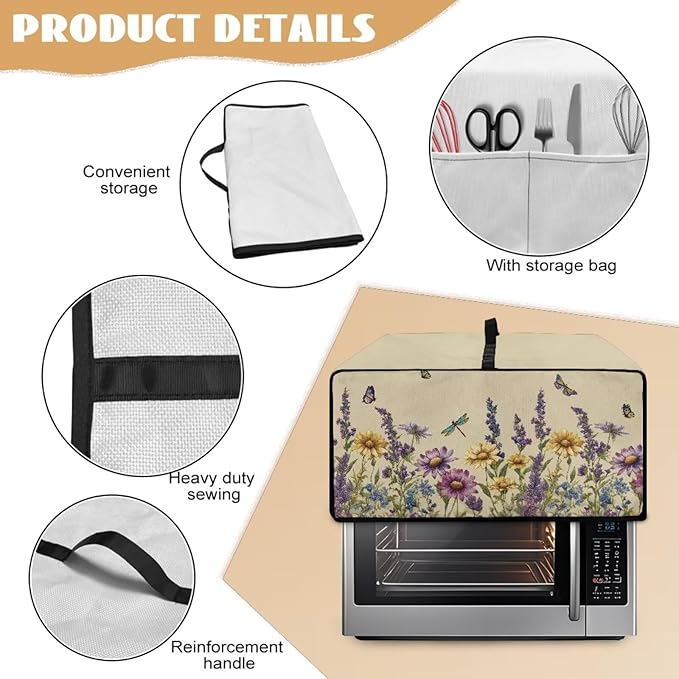 Convection Toaster Oven Cover with Side Pockets, Dust-Proof Smart Microwave Oven Protector for Countertop Decorations, M, Floral Butterfly Dragonfly