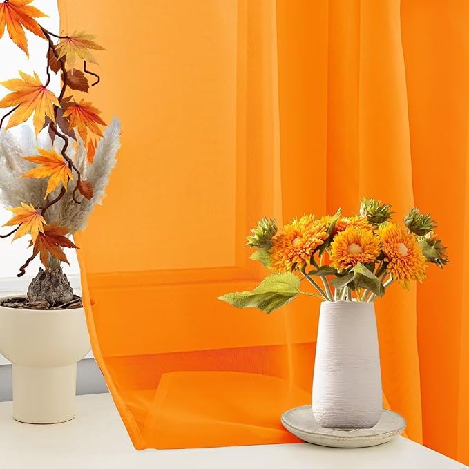 Sheer Curtains 63 Inches Long 2 Panels, Rod Pocket Short Curtain for Kitchen, Bedroom, Cafe Window(Orange 38" W x 63" L)