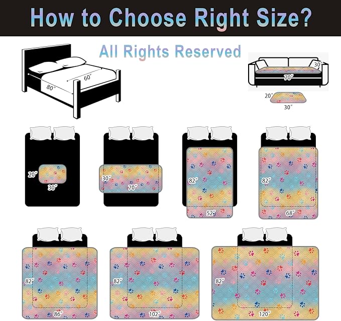 Waterproof Dog Bed Cover 120x82inch Reversible Pad Reusable Camping Mat for Kids/Pet/Dog/Cat Washable Geometric Embroidery Blanket Patchwork Rainbow Dog Paw Printed+Gray