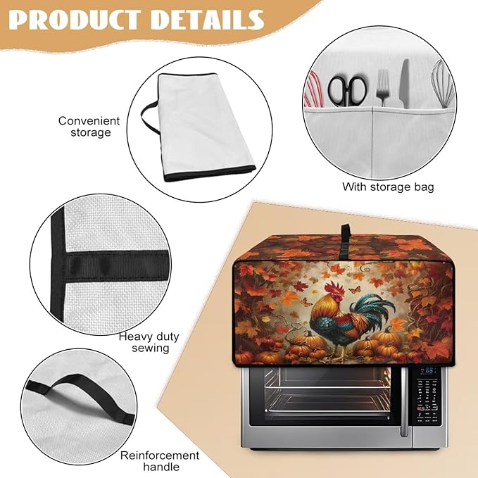 Air Fryer Toaster Oven Cover with Pockets, Stain-resistant Microwave Oven Protector for Kitchen Countertop, S, 14.5 x 18.5 x 9 Inches, Chicken Rooster Pumpkin Fall Leaves