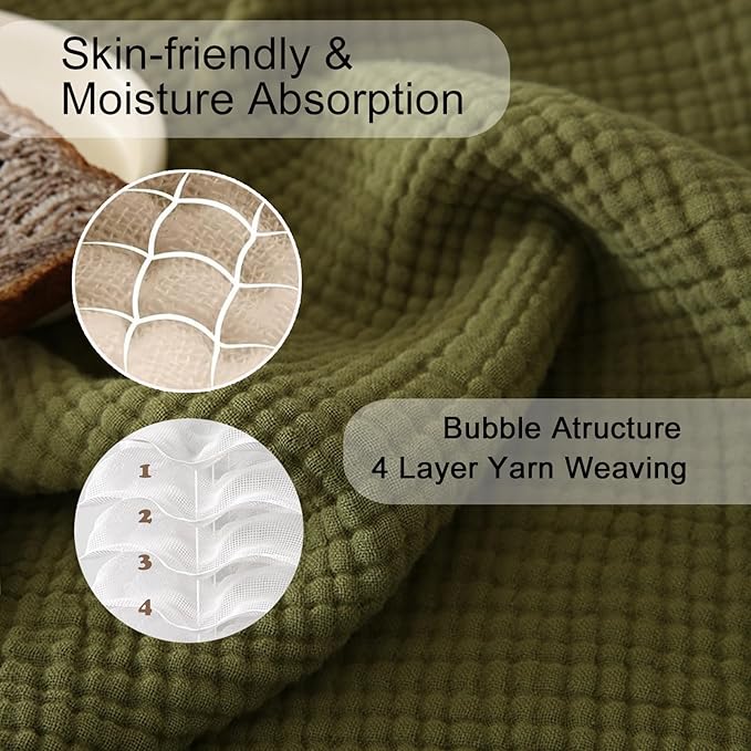 MorroMorn 100% Cotton Muslin Blanket with Fringes Twin Size 60"x80", 4-Layer Gauze Blankets for Adults, Boho Bedding Breathable Lightweight Ultra-Soft for Couch Bed All Seasons, Olive Green