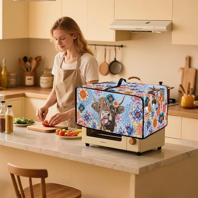 Microwave Oven Cover Heavy Duty Microwave Oven Dust Cover with Storage Pockets Dust-Proof Reusable Decor Accessories for Kitchen, Highland Cattle Boho Mandala Floral Print, S