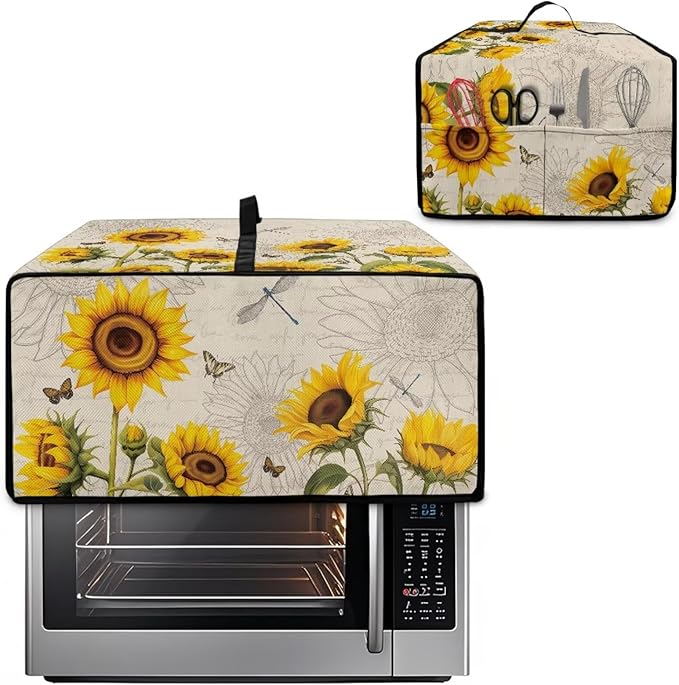 Microwave Oven Dust Cover Waterproof Toaster Oven Cover with Top Handle Dust-Proof Kitchen Appliance Protector Dirt and Fingerprint Protection, Sunflower Dragonfly Butterfly Letter Print, S