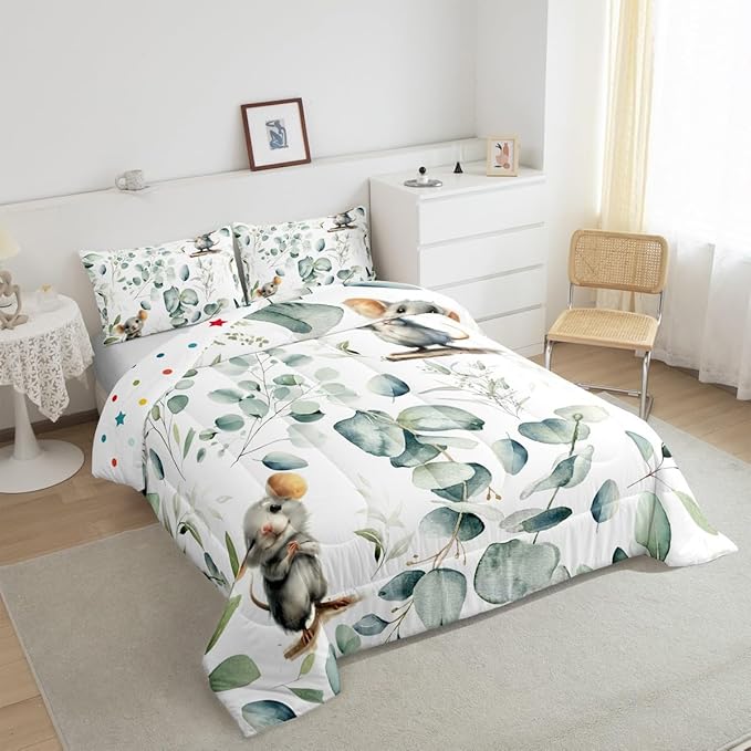 Erosebridal Kids Cute Animal Toddler Comforter Set for Girls Boys Cartoon Mouse Bedding Set, Spring Eucalyptus Bedding Comforter Sets Watercolor Leaves Duvet Set, Kawaii Animal Mice Quilted Comforter