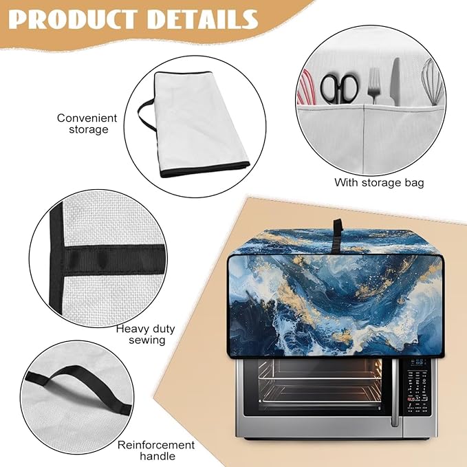 Blue Golden Marble Texture Print Microwave Oven Cover Dust-Proof Polyester-Linen Fabric Toaster Oven Cover Easy to Clean Microwave Grill Cover Protector with Top Handle, S