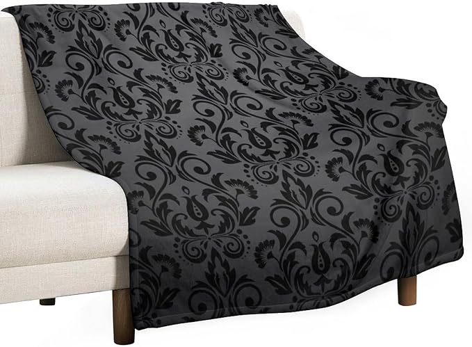 Black Damask Blanket, Antique Victorian Style Gothic Vintage Black Floral Bohemian Exotic Print Blanket for Sofa Bed Decor Fuzzy Blanket Twin, 30"x40"