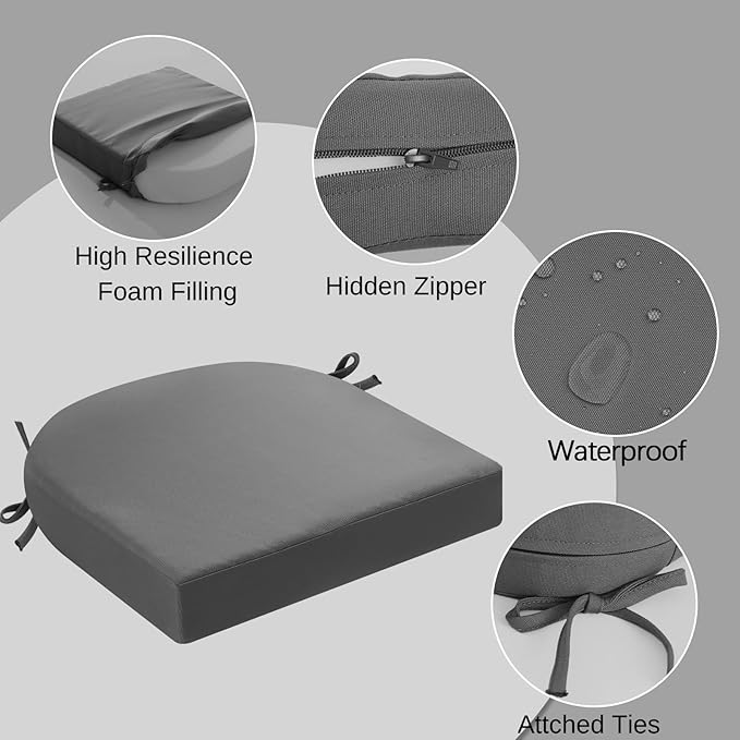 idee-home Outdoor Chair Cushions Set of 4, Thick 19" x 19" x 3" Outdoor Seat Cushions Patio Furniture Waterproof with Ties, Dining Pads
