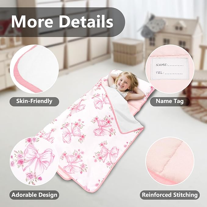 Primlect Lightweight Toddler Nap Mat Perfect for Warm Sleepers, Portable Sleeping Bag with Removable Pillow and Fleece Blanket, Washable, Great for 3 Seasons, Daycare, Preschool, Boy and Girls
