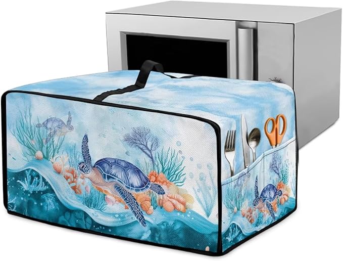 Microwave Oven Dust Cover Air Fryer Toaster Oven Protector with Storage Pockets, Stain-resistant for Small Appliances, S, 14.5 x 18.5 x 9 Inches, Sea Turtle Coral Reef Blue